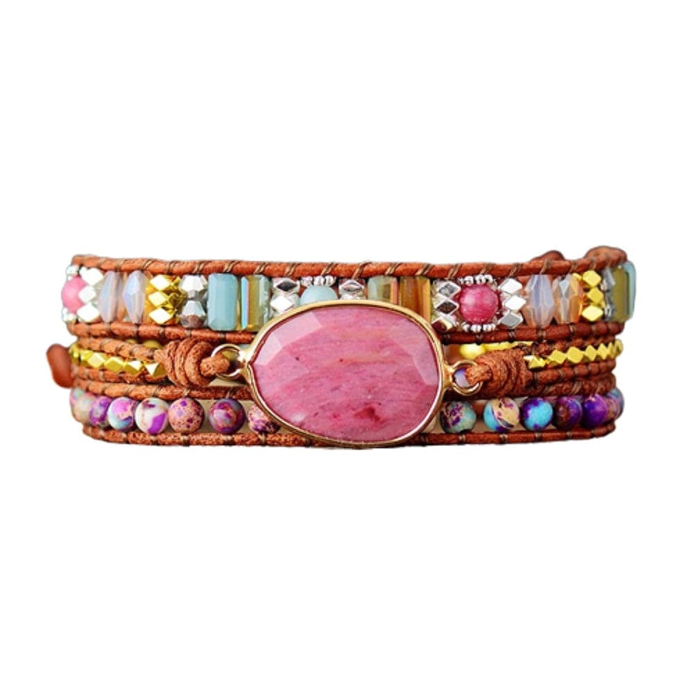 Emmespcs Joias couro marrom - pedra rosa / Adulta / feminino Pulseira de Pedras Naturais Rodocrosita - envolta em pedras multicoloridas  - cor couro marrom claro