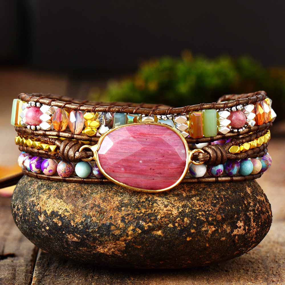 Emmespcs marrom escuro / adulto / feminino Rodocrosita Pulseira de Pedras Naturais - envolta em pedras multicoloridas - cor marrom escuro