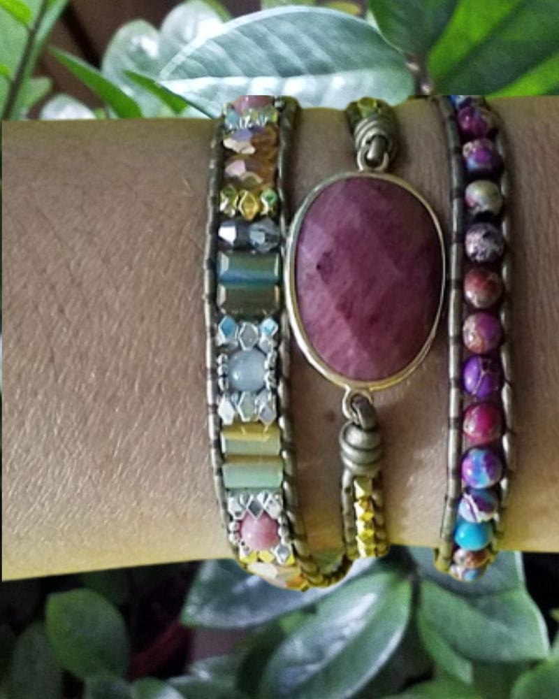 Emmespcs marrom escuro / adulto / feminino Rodocrosita Pulseira de Pedras Naturais - envolta em pedras multicoloridas - cor marrom escuro
